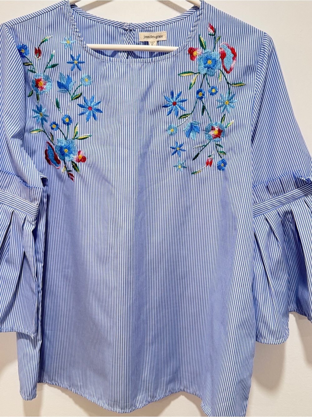 Blue Striped Embroidered Floral Blouse by Jennifer Grace